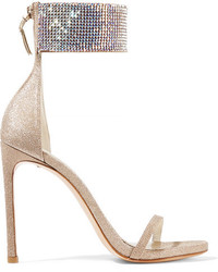 Stuart Weitzman Cufflove Embellished Glittered Mesh Sandals Gold