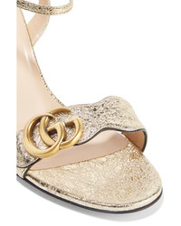 Gucci Marmont Embellished Cracked Leather Sandals Gold