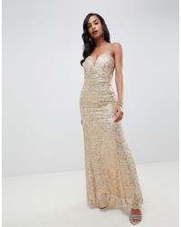 TFNC Patterned Sequin Beandeau Maxi Dress In Gold