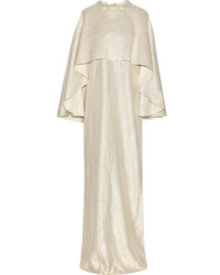 Oscar de la Renta Layered Embellished Metallic Silk Blend Gown Gold