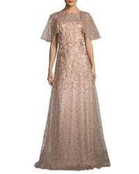David Meister Metallic Floral Embroidered Gown