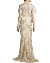 David Meister Short Tulip Sleeve Embroidered Lace Gown