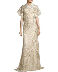 David Meister Short Tulip Sleeve Embroidered Lace Gown