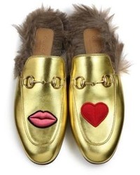 Gucci Princetown Fur Lined Embroidered Metallic Leather Slippers
