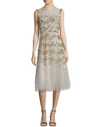 Oscar de la Renta Sleeveless Sequin Embroidered Tulle Cocktail Dress Gold