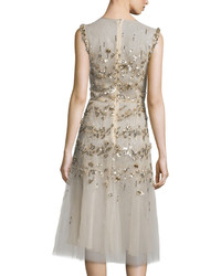 Oscar de la Renta Sleeveless Sequin Embroidered Tulle Cocktail Dress Gold