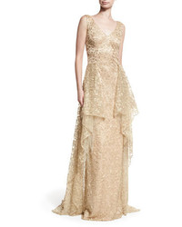 Gold Embroidered Tulle Evening Dress