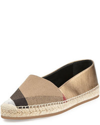 Burberry Hodgeson Check Canvas Leather Espadrille Flat Heritage Gold