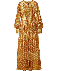 Tory Burch Bea Metallic Silk Blend Jacquard Gown Gold