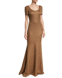 St. John Collection Panthera Sequined Short Sleeve Mermaid Gown Bronze