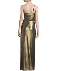 Halston Heritage One Shoulder Metallic Jersey Column Dress Bronze
