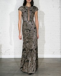 Lela Rose Metallic Tinsel Jacquard Tulle Inset Column Gown With Detachable Brooch Gold