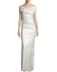 Rickie Freeman For Teri Jon Off The Shoulder Ruched Jacquard Column Gown Champagne
