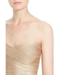 Herve Leger Strapless Foiled Bandage Gown