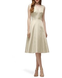 Lela Rose Bridesmaid V Neck Metallic Fit Flare Dress
