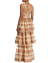 Marchesa Notte Sleeveless Floral Embroidered V Neck Gown