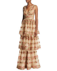 Marchesa Notte Sleeveless Floral Embroidered V Neck Gown
