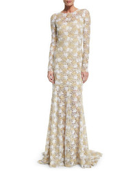 Gold Floral Lace Evening Dress