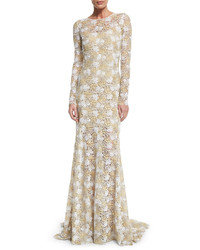 Oscar de la Renta Long Sleeve Floral Lace Gown Platinum