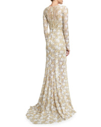 Oscar de la Renta Long Sleeve Floral Lace Gown Platinum