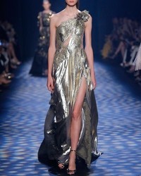 Marchesa One Shoulder Grecian Gown W Floral Appliqu Gold