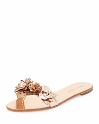 Gold Floral Leather Flat Sandals