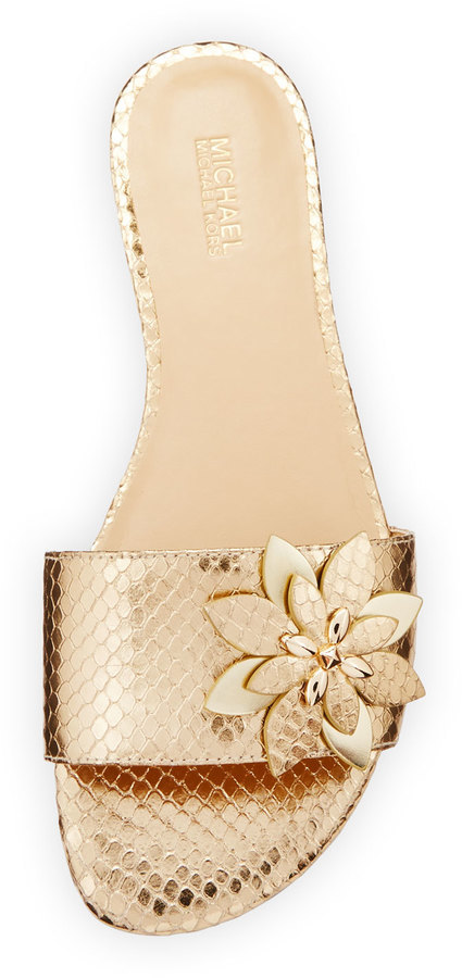 Michael Michl Michl Kors Heidi Floral Flat Slide Sandal Gold, $120 | Neiman Marcus | Lookastic