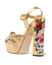 Dolce & Gabbana Knotted Crystal Embellished Floral Print Metallic Leather Platform Sandals