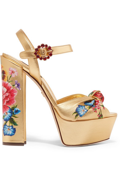 Dolce & Gabbana Knotted Crystal Embellished Floral Print Metallic Leather  Platform Sandals, $1,145  | Lookastic