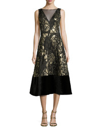Theia Sleeveless Floral Metallic Midi Dress Blackgold