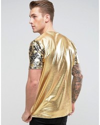Asos Longline T Shirt With Floral Sleeves In Gold Foil