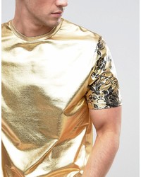 Asos Longline T Shirt With Floral Sleeves In Gold Foil