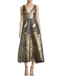 Marchesa Notte Sleeveless Floral Lam Fil Coupe Cocktail Dress Gold