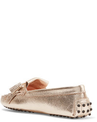 Tod's Gommino Fringed Metallic Textured Leather Loafers Gold