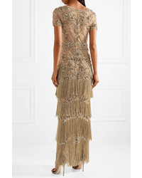 Marchesa Embellished Fringed Lace Trimmed Tulle Gown Gold