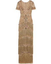 Marchesa Embellished Fringed Lace Trimmed Tulle Gown Gold