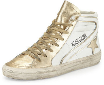 white and gold golden goose sneakers