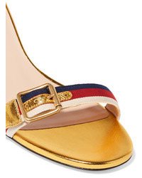 Gucci Sylvie Grosgrain Trimmed Metallic Leather Sandals Gold