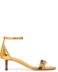 Gucci Sylvie Grosgrain Trimmed Metallic Leather Sandals Gold