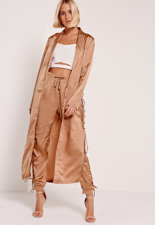 Missguided Satin Eyelet Duster Jacket Nude, $72, Missguided
