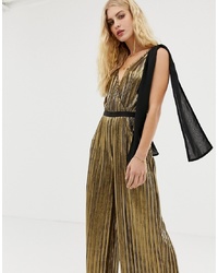 Moon River Metallic Wide Leg Jumpsuit With Bow Shoulders