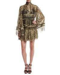 Roberto Cavalli Tiered Lace Bell Sleeve Mini Dress Gold