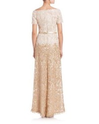 Tadashi Shoji Off The Shoulder A Line Belted Lace Gown