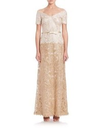 Tadashi Shoji Off The Shoulder A Line Belted Lace Gown