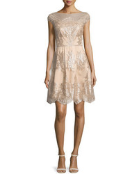 Kay Unger New York Cap Sleeve Metallic Lace Fit And Flare Dress Mocha