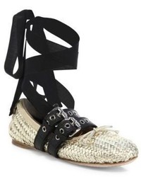 Miu Miu Belted Woven Metallic Leather Ankle Wrap Ballet Flats