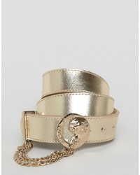 Versace Jeans Leather Belt In Gold With Chain Detail