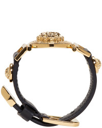 Versace Black And Gold Leather Medusa Bracelet