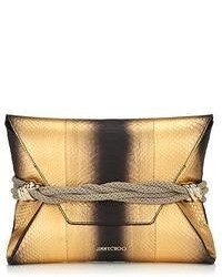 Jimmy Choo Dora Gold And Black Metallic Shaded Python With Knots Clutch Bag