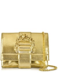 Roberto Cavalli Small Light Gold Metallic Leather Clutch Wchain Strap
